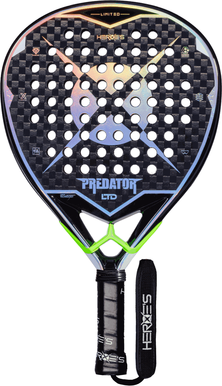 Heroes Predator LTD padel racket, face on: black 12K carbon surface with a holographic X and a neon green throat